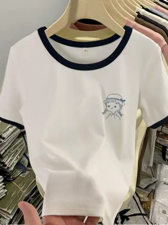 白色仿棉拼接短袖t恤少女夏装2023新款学生风宽松休闲港风上衣商品大图