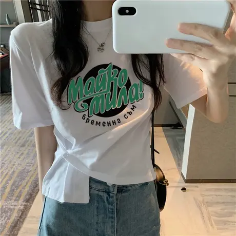 短袖女夏设计感小众2021新款韩版宽松白色t恤vintage高腰短款上衣商品大图