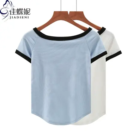 夏季新款韩版一字领修身纯棉拼色短款短袖体恤上衣内搭女打底衫商品大图