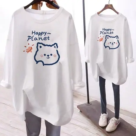 港味复古chic休闲长袖t恤女大码薄款宽松显瘦ins潮纯棉打底衫上衣商品大图