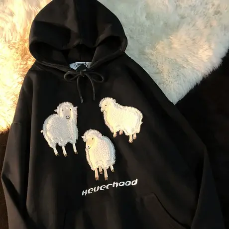 连帽大码美式hiphop复古oversize慵懒风卫衣女秋vibe黑色宽松外套商品大图