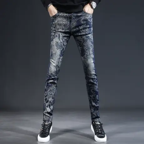 高级牛仔裤男秋季新款潮牌烫印修身小脚蓝色男士弹力休闲印花裤子商品大图