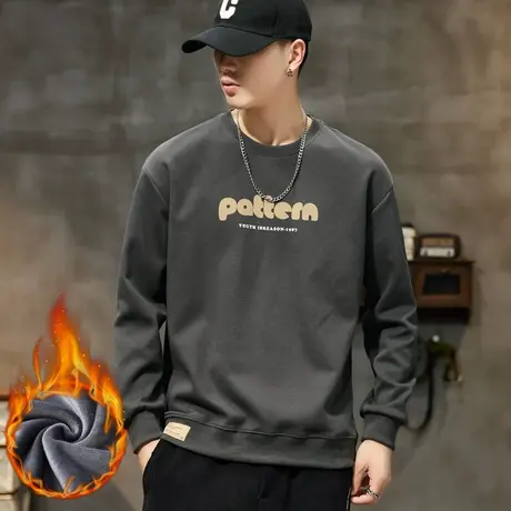 男装冬季中性风重磅加绒加厚保暖长袖上衣秋冬款内搭抓绒圆领卫衣商品大图