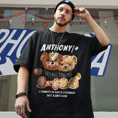2024新款情侣装小熊国潮t恤ins短袖潮牌宽松夏季大码半截袖潮流男商品大图