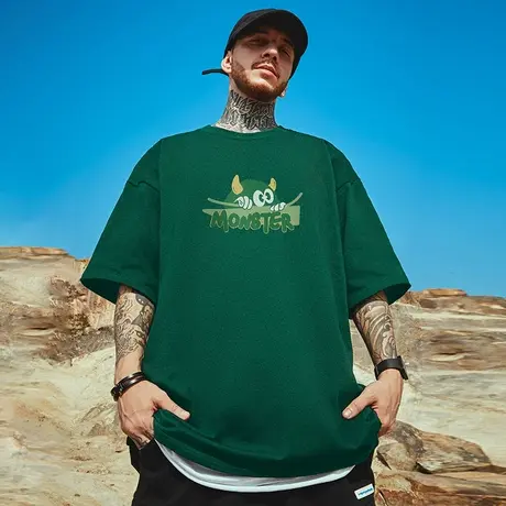 摩严国潮简约绿色宽松短袖男大码加肥加大号纯棉半袖t恤ins潮流男图片