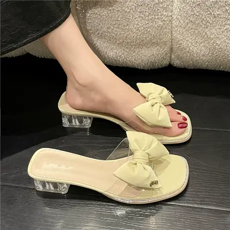 透明拖鞋女性感蝴蝶结凉拖2023夏季新时尚款露趾外穿高跟半拖粗跟商品大图