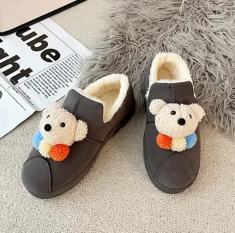 棉鞋女冬加绒豆豆鞋小熊新款低帮短筒雪地靴厚底一脚蹬保暖面包鞋图片