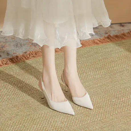 2024夏季新款纯色包头凉鞋高跟鞋尖头细跟后空气质宴会高跟鞋气质图片