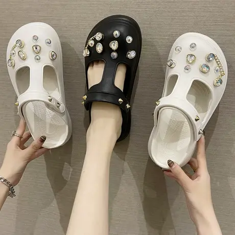 洞洞鞋女夏季外穿时尚水钻铆钉增高厚底防滑包头拖鞋沙滩两穿凉鞋商品大图