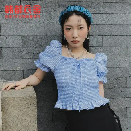 韩都衣舍碎花雪纺衬衫女夏新款短款泡泡短袖系带上衣JZ15052图片