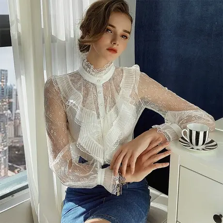 粉红大布娃娃衬衫女设计感小众轻熟港风2022打底新蕾丝荷叶边衬衣商品大图