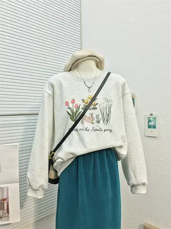 秋冬新款韩版花园小兔印花加绒加厚卫衣女减龄休闲百搭宽松上衣服图片