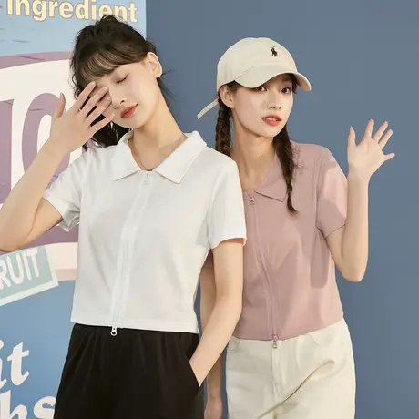 唐狮春夏短袖T恤宽松设计感女小众polo衫别致修身甜美粉色短上衣图片