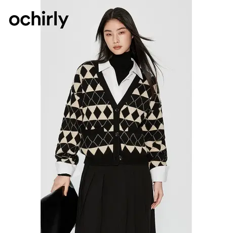 【品牌甄选】欧时力 菱格条纹针织开衫女2023新秋复古外套设计感图片