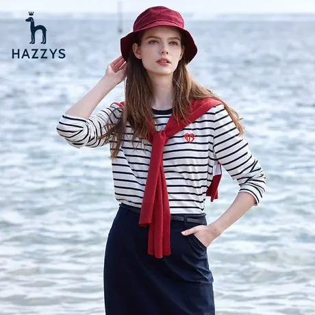 Hazzys哈吉斯奥莱春季新款条纹女士长袖T恤潮流内搭休闲纯棉上衣商品大图
