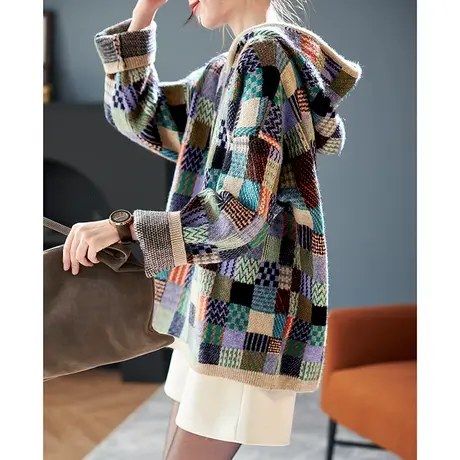 宝诗黎连帽格子宽松套头毛衣2025春季新款时尚减龄针织衫长袖上衣商品大图