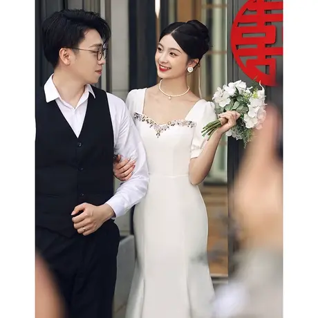 登记领证小白裙订婚礼服连衣裙女高端轻奢小众高级感夏季白色鱼尾商品大图