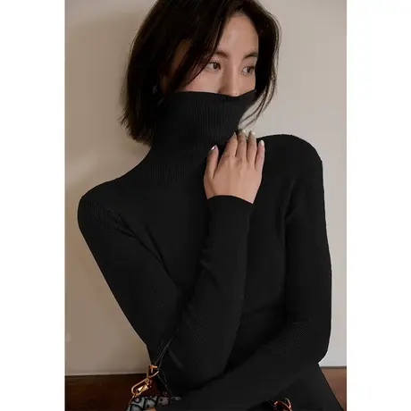 弥古黑色高领针织打底衫女春秋长袖堆堆领内搭上衣高级感显瘦秋装商品大图