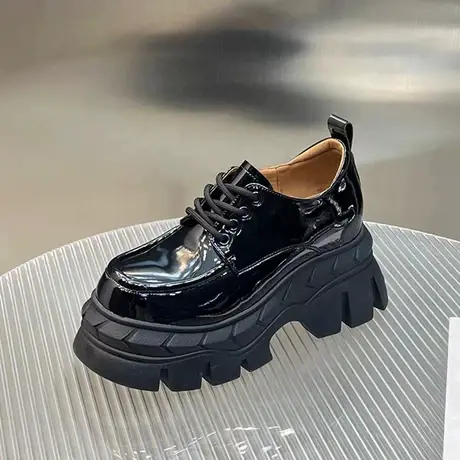 内增高女鞋新款2024春新款小皮鞋女英伦风系带圆头黑色厚底单鞋子商品大图