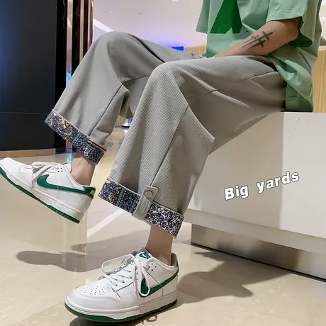 裤子男小众设计感翻边腰果花阔腿裤夏季直筒宽松华夫格九分休闲裤商品大图