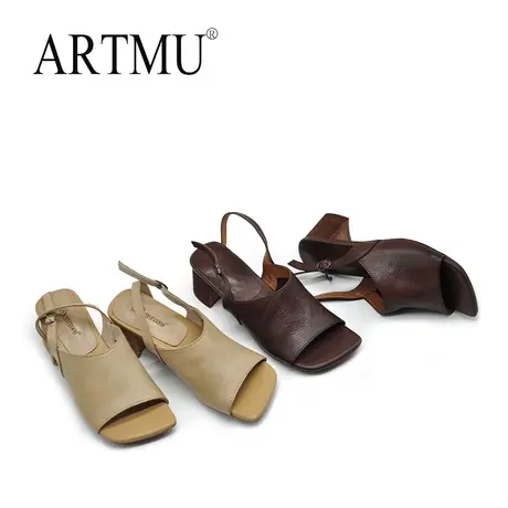 Artmu阿木原创复古妈妈凉鞋女款2023新款方头露趾粗跟凉鞋真皮商品大图