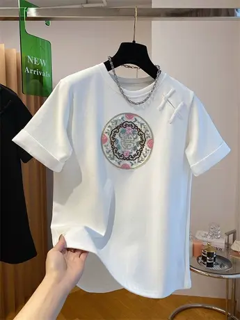 2024新款别轻国风刺绣短袖T恤女盘扣宽松圆领新中式打底衫上衣图片