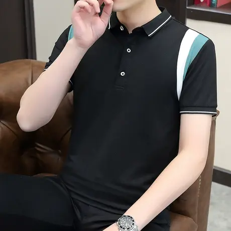 正肩拼色短袖t恤男士翻领夏季白搭打底衫上衣体恤纯棉polo衫潮牌商品大图