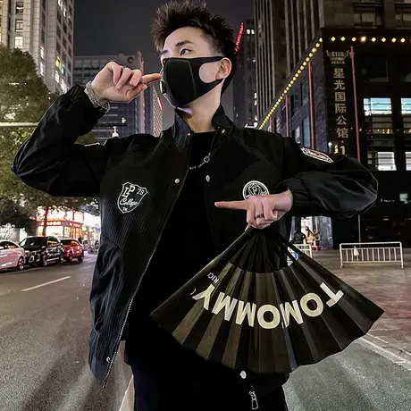 休闲工装春季潮牌个性贴标痞帅机车服夹克立领冲锋衣潮流男装外套商品大图