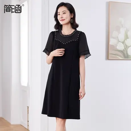 简涵2024新款高端气质雪纺拼接连衣裙女夏黑色显瘦中长短袖A字裙图片