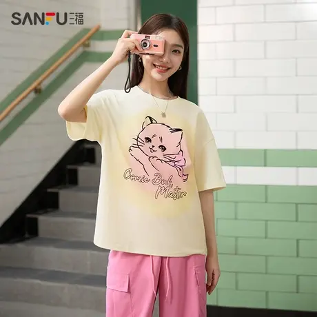 三福短T恤2024夏季漫画猫咪图案宽松圆领纯棉上衣女装482140商品大图
