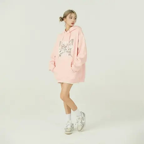 yep粉色连帽卫衣女春秋加厚反光印花外套美式复古上衣oversize潮商品大图