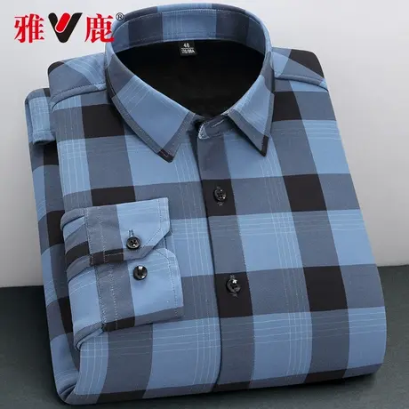 雅鹿秋冬季男士加绒加厚翻领长袖格子衬衫中老年内搭商务休闲衬衣商品大图