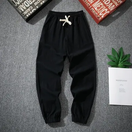 纯黑亚麻裤子潮牌男士春夏痞帅百搭休闲裤宽松大码九分束脚灯笼裤商品大图