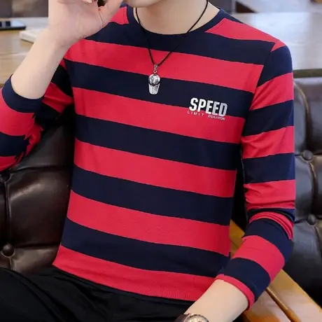 秋季男士长袖t恤韩版秋衣2023潮流新款纯棉条纹打底衫体恤上衣服商品大图