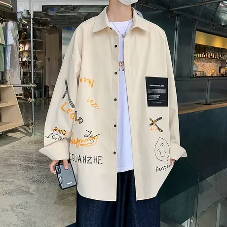 秋季长袖衬衫男士宽松休闲衬衣青少年学生春秋款潮牌外套2023新款商品大图