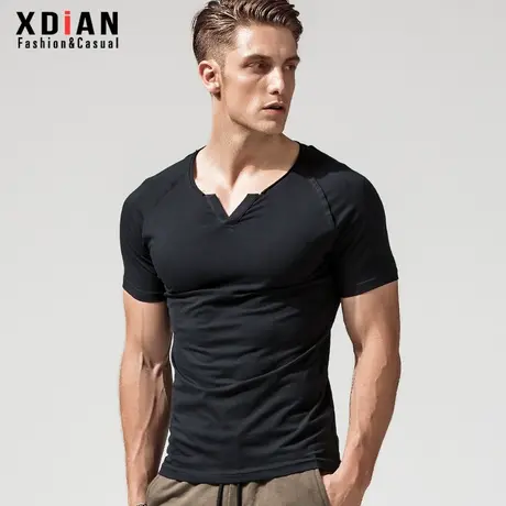 续点 紧身短袖男T恤棉圆领简约体恤纯色修身打底衫春夏毛边上衣潮商品大图