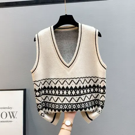 针织马甲背心女2023年春装新款女士毛衣外搭复古坎肩V领宽松上衣商品大图