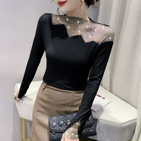 性感镂空气质上衣欧货洋气烫钻T恤长袖紧身内搭加绒打底衫女春秋商品大图