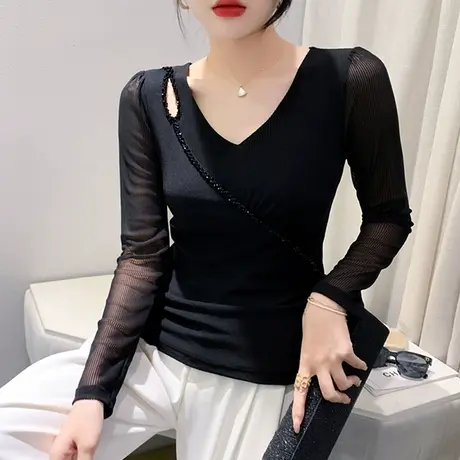 性感网纱长袖T恤女2023秋装新款气质镂空V领上衣修身内搭打底衫潮商品大图