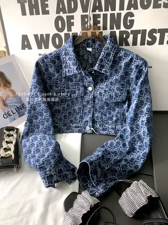 韩版印花牛仔短外套女2023春夏新款显瘦百搭高腰修身夹克排扣上衣图片