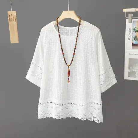 简约白色刺绣镂空拼接短袖t恤女装棉质纯色中袖小衫圆领套头上衣图片