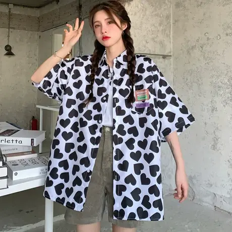 日系衬衫女夏季宽松韩版复古港味设计高级感小众短袖法式别致上衣商品大图