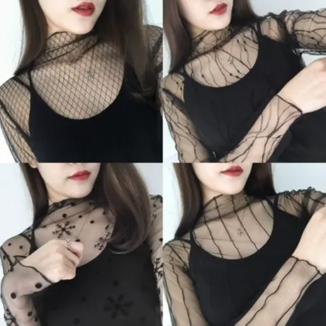 2023秋装新款亮丝网纱修身T恤弹力女蕾丝洋气小衫长袖高领打底衫商品大图