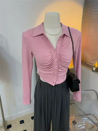 甜辣系~显身材很紧身褶皱性感坑条短开衫女春秋新款翻领打底衫韩商品大图