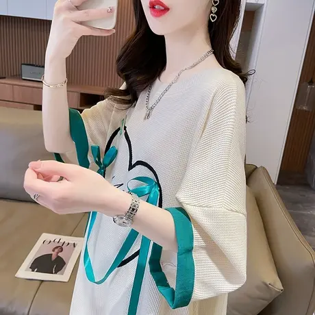 小众设计感短袖t恤女夏装韩版宽松大码中长款华夫格假两件上衣服图片