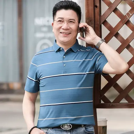 爸爸夏装短袖t恤夏季中年男士半袖polo衫翻领宽松休闲条纹上衣服商品大图