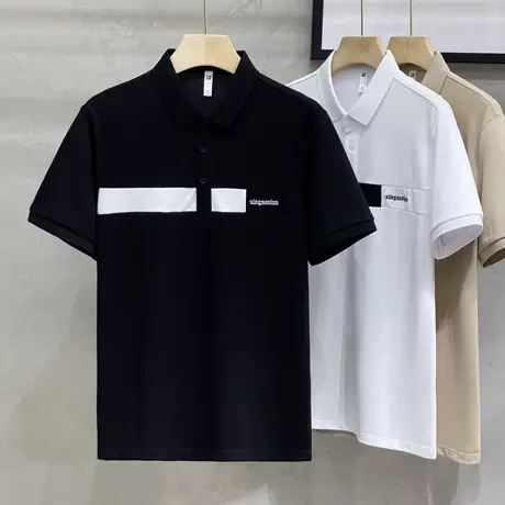 新款2023夏季个性条纹拼接半袖T恤高端商务休闲上衣polo衫男短袖商品大图