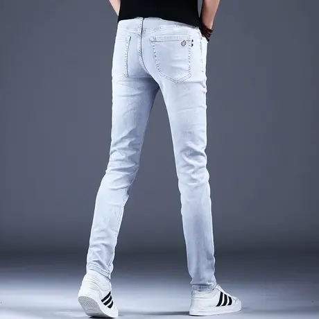 高档浅灰色牛仔裤男款修身小脚弹力裤子2023新款秋款潮流休闲男裤商品大图