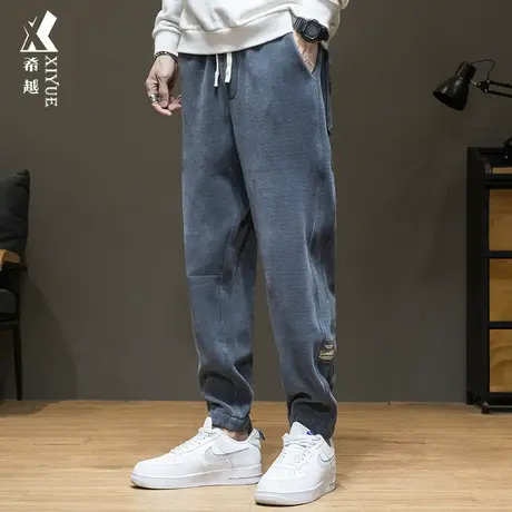 秋季新款雪尼尔运动卫裤男宽松大码潮流裤子秋冬加绒束脚休闲长裤商品大图