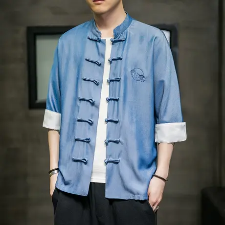 秋季中式短袖休闲衬衫青年唐装冰丝半袖衬衣复古风盘扣大码男装图片